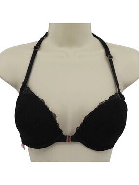 PINK Victorias Secret 32D Bra Date Push Up Front Closure Black Lace Underwire